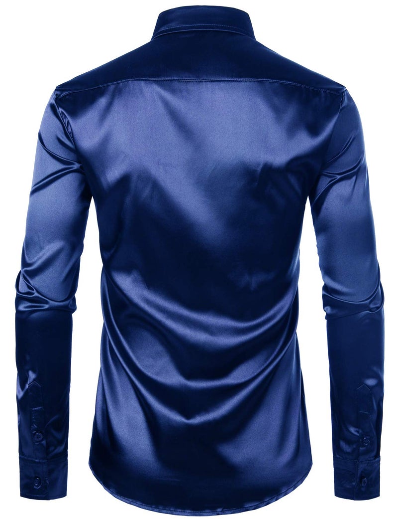ZEROYAA Men's Luxury Shiny Silk Like Satin Button Up Dress Shirts ZLCL14-Navy Medium - Image 2